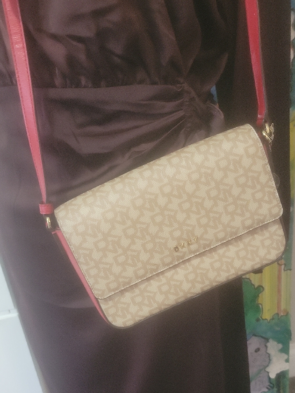 Beige DKNY Logo Crossbody Bag with Red Trim